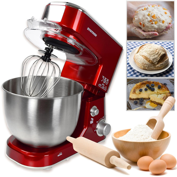Syntrox Germany KM-1000W Kitchen Machine, Dough Mixer, Mixer, Stainless Steel Bowl, 5 Liter, red