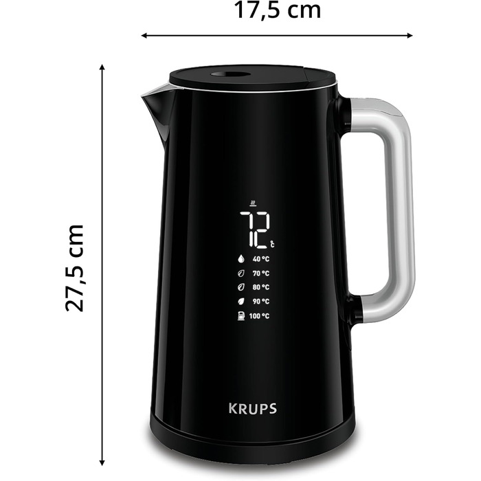 Krups Smart'n Light Kettle, 5 Temperatures, 1.7 Liter Capacity, Stainless Steel Interior, Double-Walled, Black, BW801810