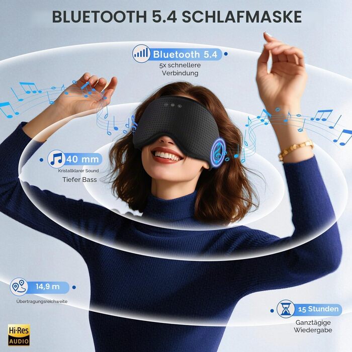 Маска для сну Dolida з Bluetooth навушниками V5.4, 3D контурні подушечки для очей, мікрофон, для бічних положень, подорожей, глибокий чорний колір