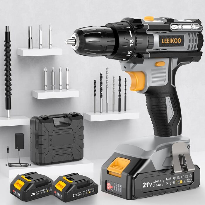 Акумуляторний шуруповерт LEEIKOO 21V, 42N.m, 2.0Ah, 10mm, 18+1, 20шт, LED, сірий
