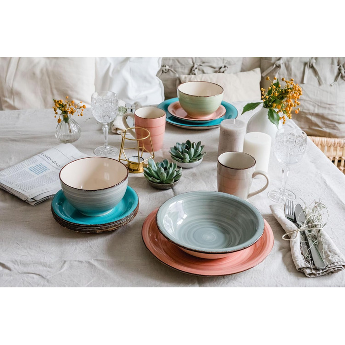 MÄSER Bel Tempo II: Набір посуду вінтажний, 16 предметів (для 4 осіб), ручне розпису, кераміка, зелено-блакитний