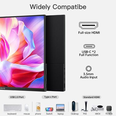 Портативний монітор 15.6' FHD IPS з динаміками та підставкою, ультратонкий додатковий екран для ноутбука/ПК/Mac - USB-C & HDMI, з захисним чохлом, матовий чорний 15.6