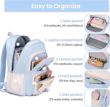 Шкільний рюкзак Tanou для дівчаток-підлітків, велика місткість, 3-7 клас, легкий нейлон, стильний, блакитний