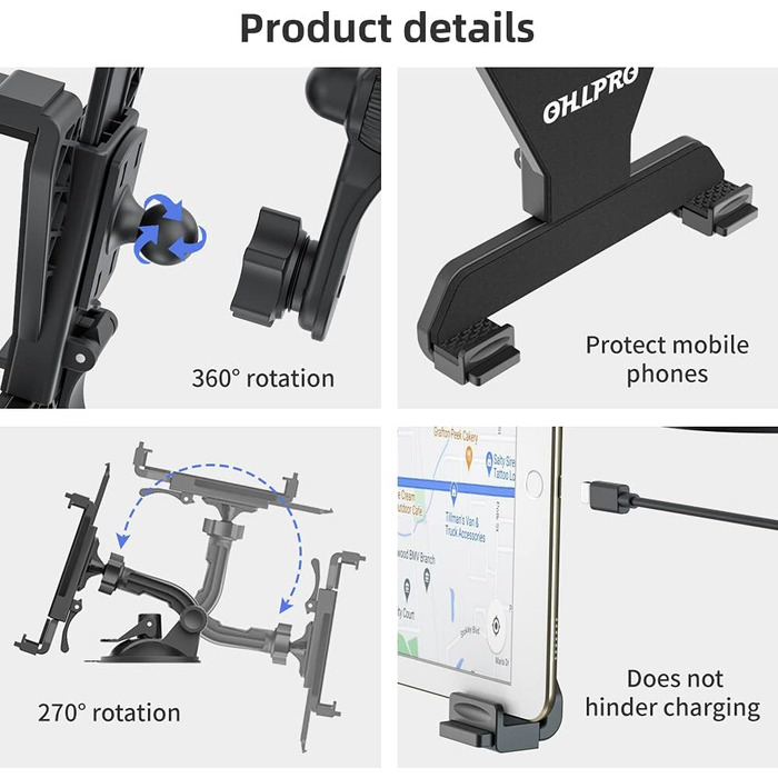 Автотримач для планшету OHLPRO: 360° обертання, сумісний з iPad, Samsung Tab, Huawei (6-11 дюймів)