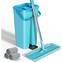 Набір для миття підлоги з відром, вичавлювач для швабри, 2 в 1, швабра-моп з регульованою ручкою з нержавіючої сталі та 6 мікрофібрових насадок, підходить для плитки та ламінату (швабра з відром: блакитний + синій)