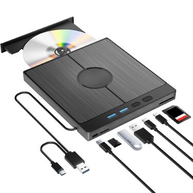Зовнішній CD/DVD-привід для ПК USB 3.0 Type-C з 4 USB-портами та картридером SD/TF, тонкий багатофункціональний DVD-RW накопичувач для Windows 11/10/8/7/XP