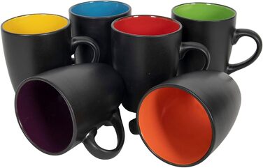Набір келихів для кави 6 шт. 340 мл - чорний матовий/всередині кольоровий - з ручкою - чайний/кавовий з порцеляни, багато кольорів