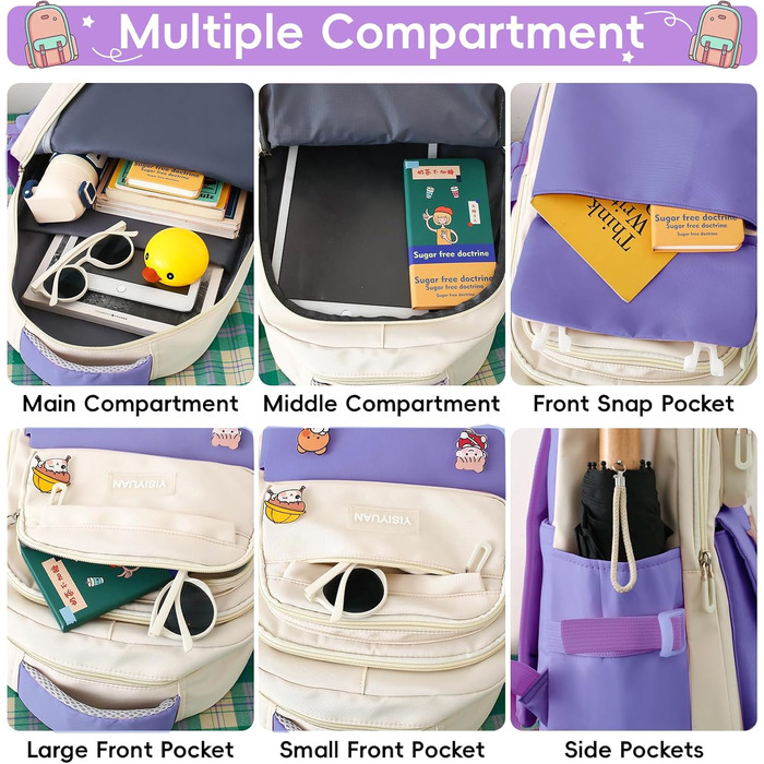 Шкільний рюкзак Tanou для дівчаток 4-в-1 (рюкзак, пенал, сумка для плеча, сумка для підручників), 3-7 клас, стильний дизайн, фіолетовий