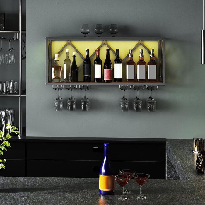 Стійка для вина COSTWAY з LED-підсвічуванням, 2 яруси, дерев'яний ящик з металевим каркасом, 6 рядів для келихів, індустріальний дизайн, для дому, бару, кухні та ресторану