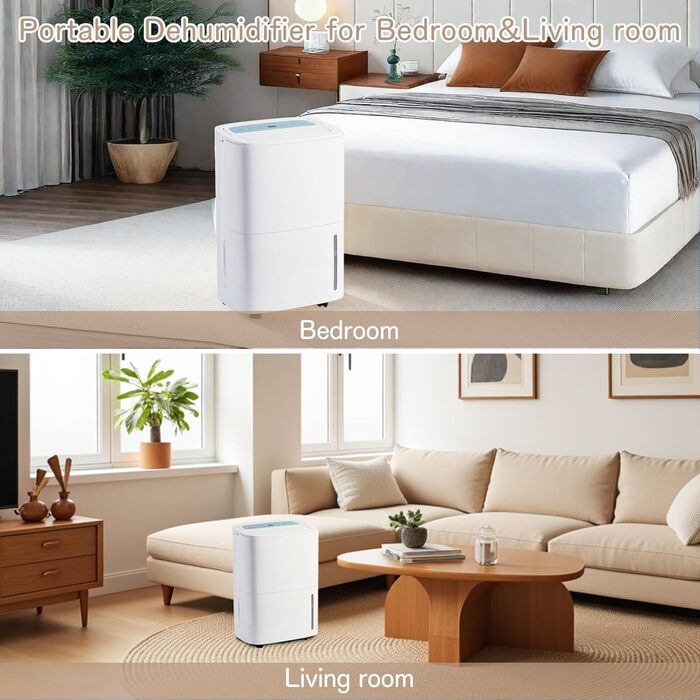 Електричний осушувач повітря 70л/день з авторежимом та шлангом для підключення. Ідеально для підвалів, ванних кімнат, спалень до 150㎡. Осушувач з цифровим дисплеєм, захистом від плісняви, 360° колесами, тихий 40dB, білий