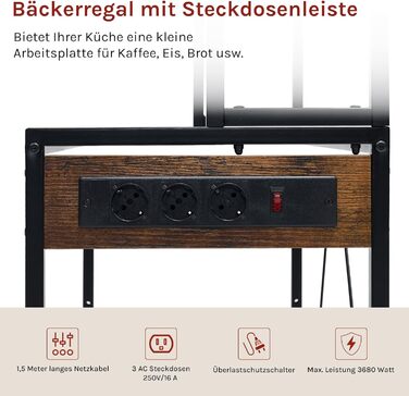 Кухонна полиця WOLTU з 6 ярусами, з розетками, для мікрохвильової печі, з металевим каркасом, регульовані полиці, Чорний+Рустик Браун, 60 x 167 x 40 см (Чорний+Вінтаж Браун, 80 x 39,5 x 167 см)