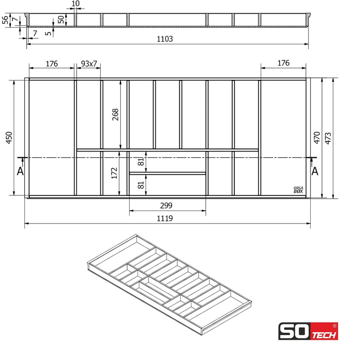 Органайзер для столових приборів Orga-Box BAMBUS, 10 відділень, для Blum Tandembox/Antaro, 819x473 мм (90 см шафа) / 1119x473 мм (120 см шафа)