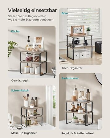 SONGMICS Spice Rack, 4-Piece Set, Kitchen Shelf, Kitchen Organizer, Expandable, Spice Holder, Stackable, with Metal Frame, 19.5 x 29.7 x 15.8 cm, Ink Black-Natural Beige KCS10NB (Ink Black + Greige Melange, 29.7B cm)