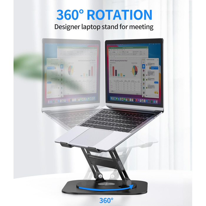 AOEVI Adjustable Laptop Stand with 360° Swivel Base - Ergonomic Foldable Laptop Riser for Desk - Compatible with MacBook Pro/Air & Notebooks up to 16 inches - Black