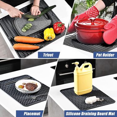 Килимок для сушіння посуду KitchenRaku 40x60 см, чорний - силіконовий, термостійкий, антиковзний килимок для мийки та столу