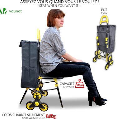 VOUNOT Shopping Cart with Stairs Climber, Cooler Compartment & Folding Seat - 3-Wheel Folding Grocery Cart (40L)