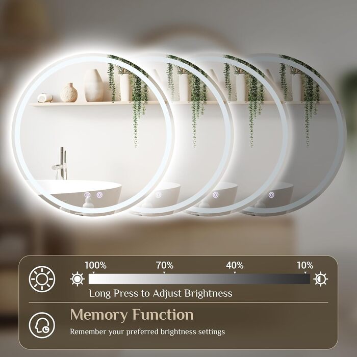 Круглий дзеркало для ванної кімнати Clevich з підсвічуванням, 80 см, сенсорне управління, протитуманне покриття, 3 кольори світла, регулювання яскравості