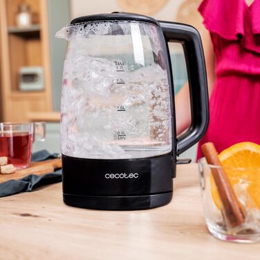 Скляний електрочайник Cecotec ThermoSense 340 Clear, 1.7 л, 2200 Вт, боросилікатне скло, LED-індикація, чорний