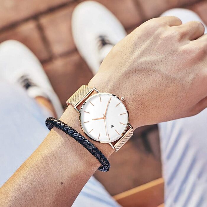 Чоловічий годинник на зап'ясті, аналоговий кварц, мінімалістичний дизайн з браслетом з нержавіючої сталі (рожеве золото)