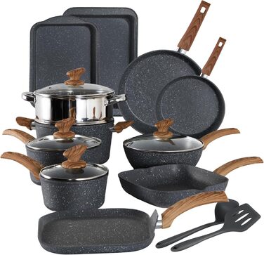 Kitchen Academy Induction Cookware Set, 17-Piece, Cookware Set with Glass Lids, Granite Pots and Pans Set Black 17 PCS Cookware Set Black