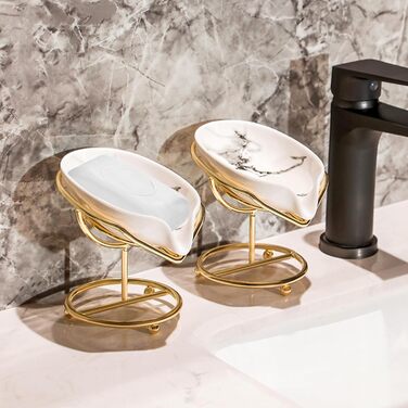 Двокомплектний підставка для мила з піддоном, 13,5x8,5 см, кераміка, самозливна, у формі листка, білий та зелений