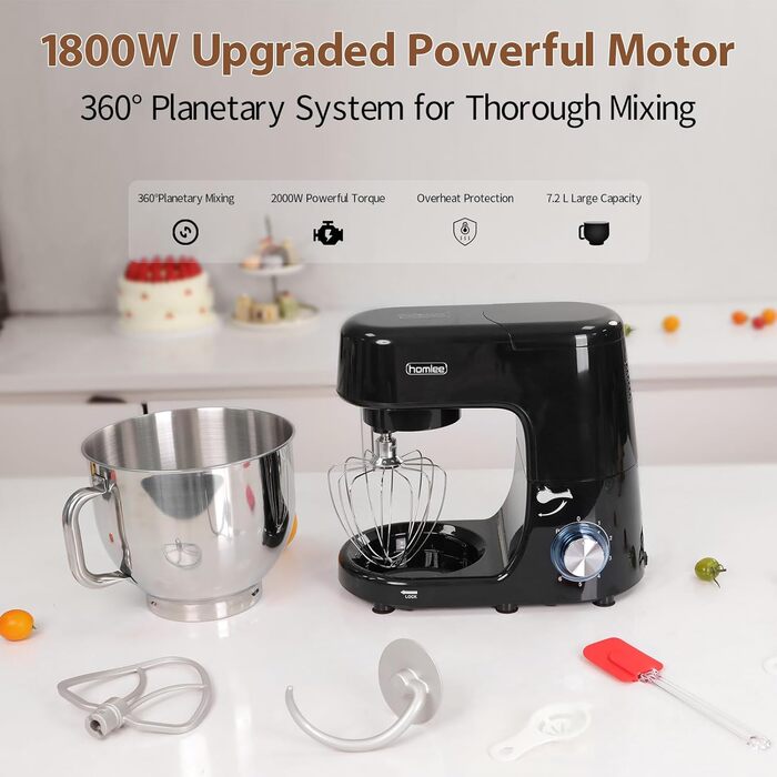 Кухонна машина-міксер 1800W з чашею 7.2L з нержавіючої сталі, 6 швидкостей, низький шум, мультифункціональна (міксер, гак для тіста, вінчик), з кришкою, чорний