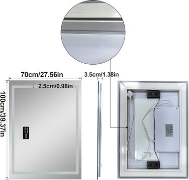 Дзеркало для ванної кімнати LUVODI з підсвічуванням Bluetooth: 100x70 см, годинник, температура, дата, антизапар, регулювання яскравості, 3 кольори світла, функція пам'яті, водонепроникне LED дзеркало для ванної кімнати