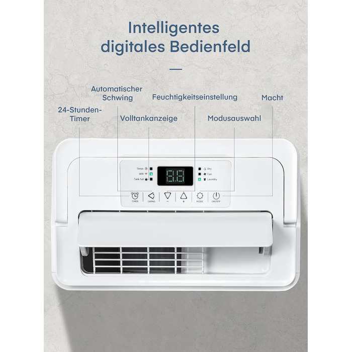 Розумний осушувач повітря з Wi-Fi та додатком, 20 л/24 год, для приміщень до 135 м³ (50 м²), об'єм бака 4.2 л, захист від переливу, таймер 24 год з режимом прання, осушувач для підвалу, спальні, ванної кімнати