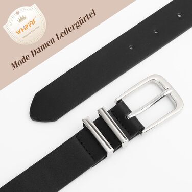 Ремінь шкіряний WHIPPY жіночий та чоловічий, срібна пряжка, для джинсів та штанів, чорний (M: 76-90 см, довжина 110 см)