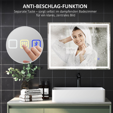 Дзеркало для ванної кімнати HOMCOM з підсвіткою 80x60 см, LED, з Bluetooth, функцією пам'яті, годинником, 3 кольорами світла, запобігає запотіванню, сенсорне управління, сріблястий | Aosom