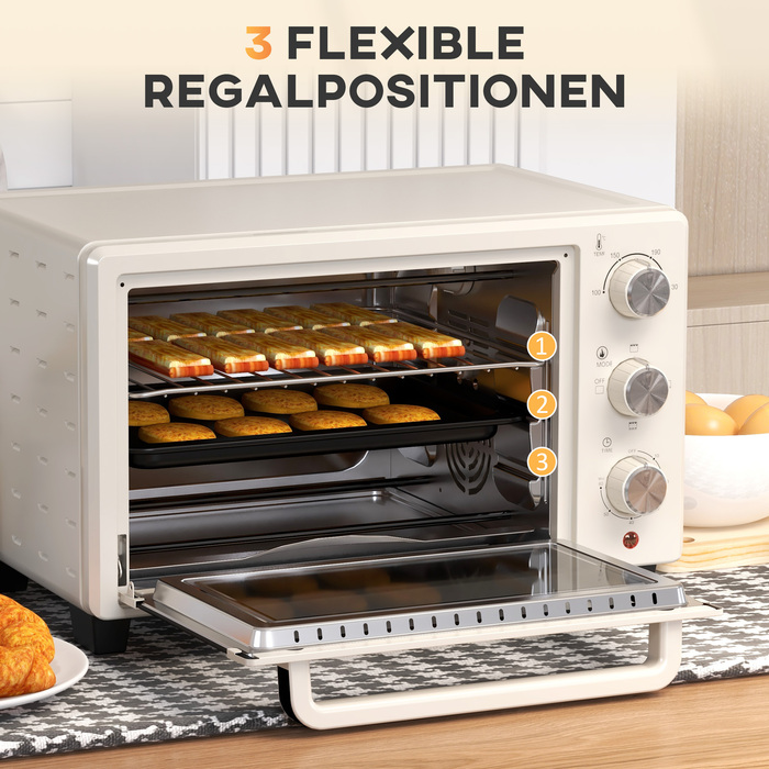 HOMCOM Mini Oven with Rotisserie, Small Oven 21L Toaster Oven with 1 Wire Rack and 1 Baking Tray, 3 Cooking Modes, 100°C-230°C, Stainless Steel, Glass, Cream White