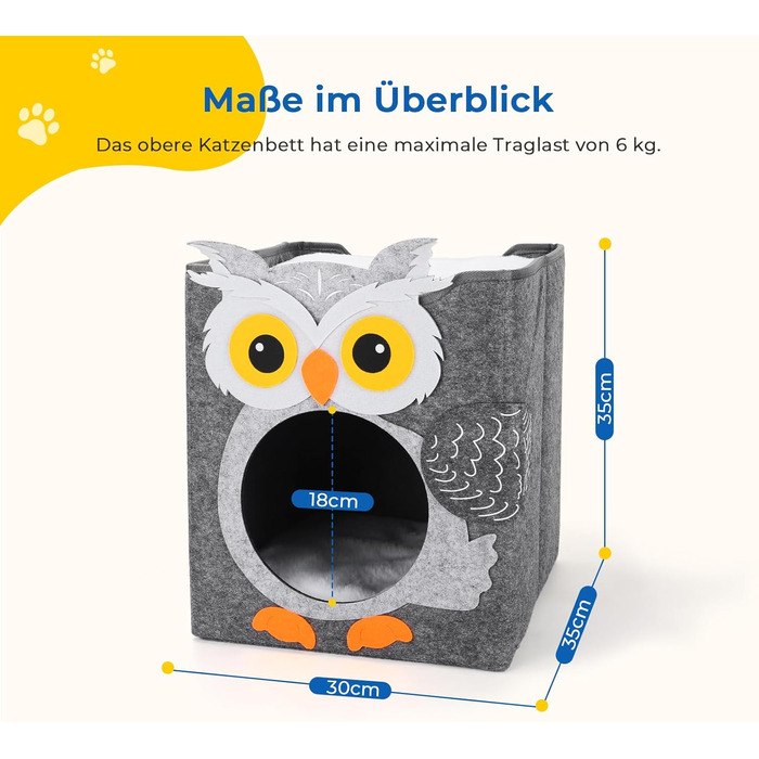 Кігтеточка-будиночок для котів Dripex з 2 поверхів, філц, з подушкою, 30 x 35 x 35 см (Сова)