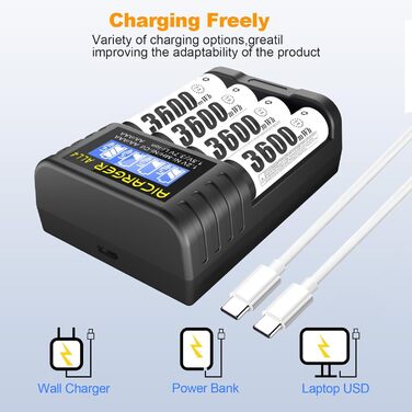 Зарядний пристрій для акумуляторів AA/AAA AICARGER з LCD дисплеєм, 4 слоти, 5V/2A, USB-C, 4 x AA 3600mAh в комплекті