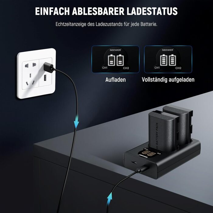 NEEWER Запасний акумулятор LP-E6NH та зарядний пристрій USB, комплект 3 шт. 2250mAh, сумісний з Canon EOS R7, R5, R6, R6 II, R, 5DIV, 6DII, 7DII, 80D, 90D