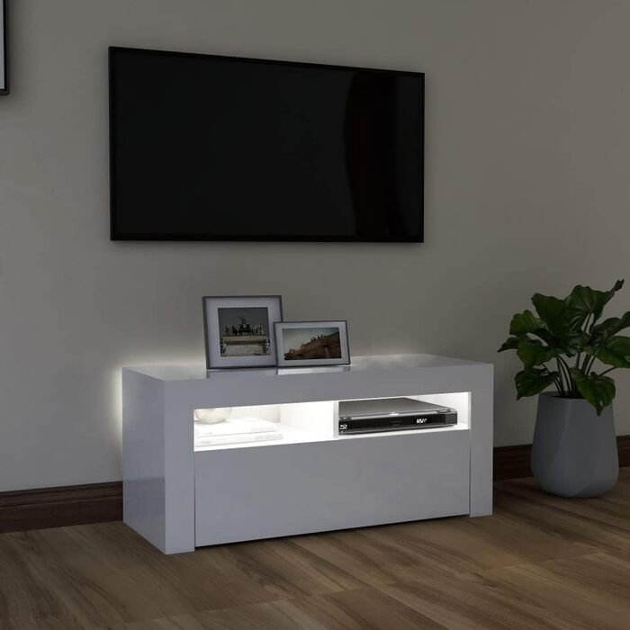 ТВ тумба vidaXL з LED підсвіткою, глянцева біла, 90x35x40 см, низька шафа для телевізора, медіатумба, HiFi меблі