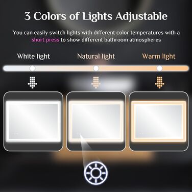 Дзеркало для ванної кімнати Clevich з підсвічуванням 70x50 см, LED, 3 кольори світла, диммування, загартоване скло, захист від вибуху, сенсорне управління, пам'ять, антизапар, 70L x 50B см