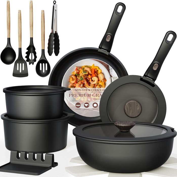 Набір посуду Astercook Keramik 21 предмет, антипригарний, для плити (індукція, духовка), знімні ручки, чорний