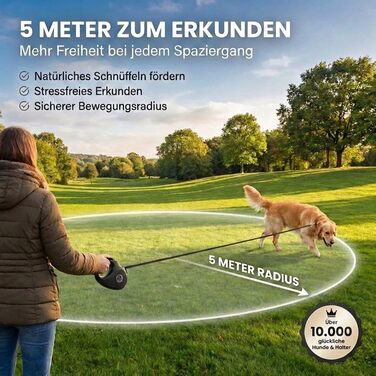 Висувна поводок для собак HUND IST KÖNIG 5м для малих та великих собак | Міцний поводок з комфортною ручкою | Білий | Чорний (M, 5м, до 25кг)