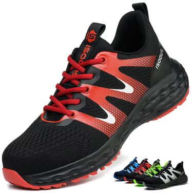 Черевики робочі ISOOUS для чоловіків та жінок, захисні черевики зі сталевим підноском, спортивні, червоні, антиковзаючі, дихаючі, 43 EU