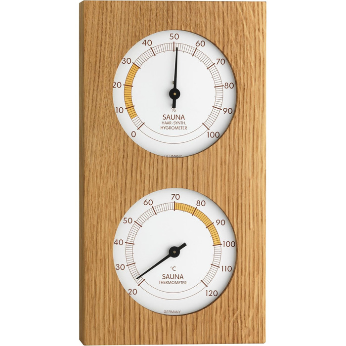 TFA Dostmann Analog Sauna Thermometer/Hygrometer, with Oak Frame, Temperature, Humidity, Heat-Resistant, L 130 x W 40 x H 242 mm