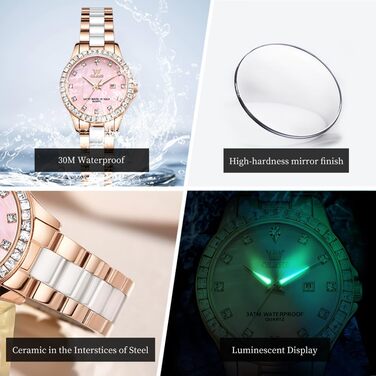 Годинник жіночий OLEVS з діамантами, елегантний, розкішний, на рожевому ремінці з керамічним склом (3651 Roségold)