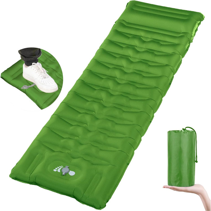 Каремат для кемпінгу самонадувний, 12 см, ультралегкий, з насосом та подушкою. Підходить для туризму, пляжу та відпочинку на природі (зелений)
