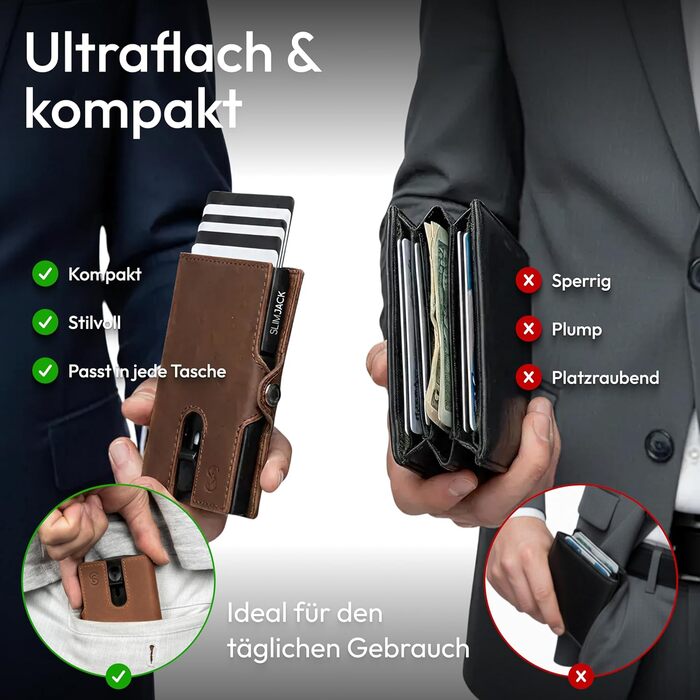 Slimjack Смарт-гаманець з відділенням для монет RFID захистом - чоловічий алюмінієвий картхолдер для карт та монет, темно-коричневий