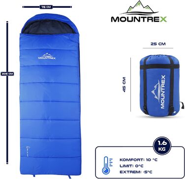 Mountrex 3-Season Sleeping Bag for Camping & Outdoor - Lightweight, Warm & Comfortable Sleeping Bag (205 x 75cm) - Adult, Unisex, Couplable Zipper - Blue