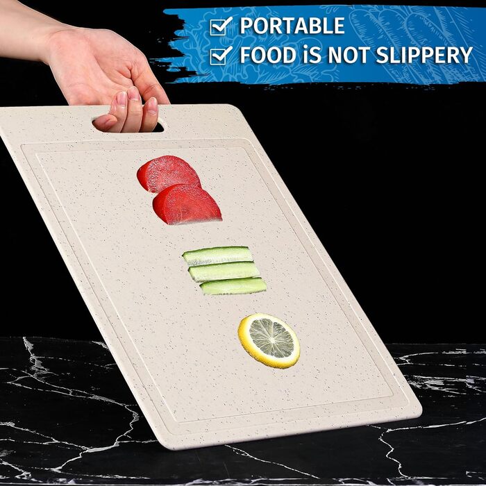 Набір обробних дощок 3 шт. з імітацією граніту, антиковзаючі наклейки, жолоб для соку, BPA-Free, з ручкою. Пластикові обробні дошки, антибактеріальні, кухонні аксесуари, гаджети, помічники (Бежевий, 3 шт.)