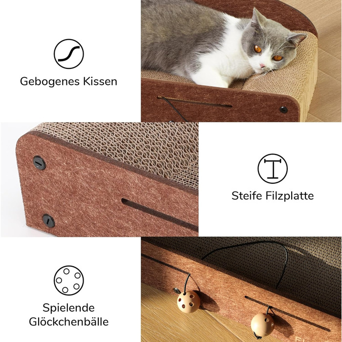 Cat Scratch Board, 66cm durable scratching cardboard and felt, large lounging area, 2 reversible cat scratching pads for cats, recyclable corrugated cardboard cat bed with jingle ball toy, caramel color