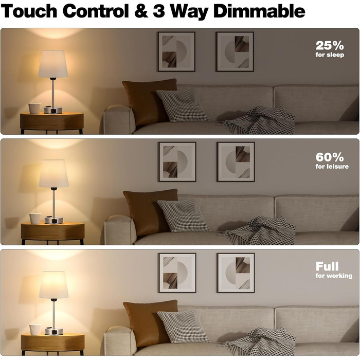 Настільна лампа Kakanuo з торшетом, 2 шт., з USB-портами та диммуванням, для спальні, вітальні, дитячої кімнати, офісу, тканинний абажур, колір: сірий-сріблястий