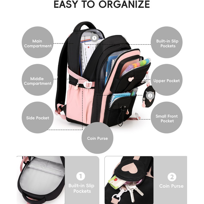 Шкільний рюкзак для дівчаток Tanou: стильний, зручний, з дихаючої тканини Oxford (3-5 клас, чорно-рожевий)