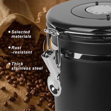 Герметична кавова банка 1,8 л з нержавіючої сталі з датою та ложкою, для кави, чаю, горіхів, какао (чорна)