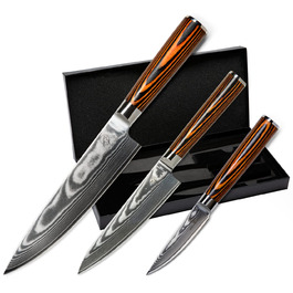 Набір кухонних ножів Wolfblood Damast 3 шт (32/26/20 см) з дамаської сталі 67 шарів, твердість 62 HRC, сертифіковано TÜV + чохол та подарункова коробка